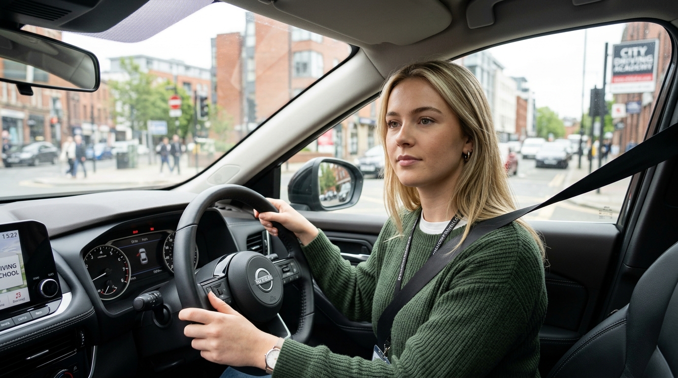 Driving student in car behind steering wheel at Canal Driving School